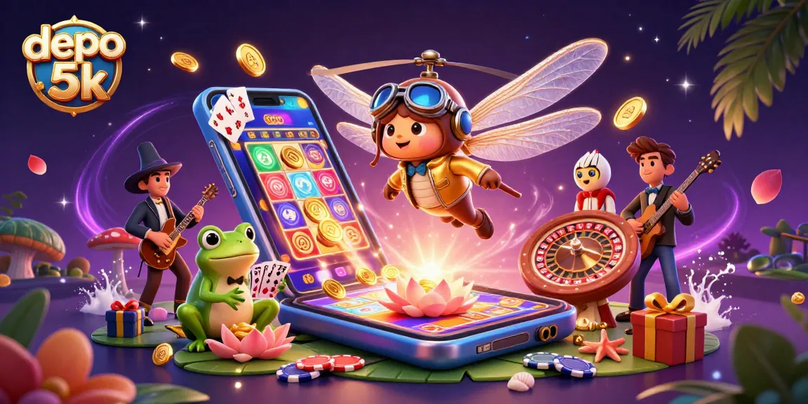Experience winning excitement with depo 5k at our vibrant casino illustration, showcasing slot games and lively interactions.