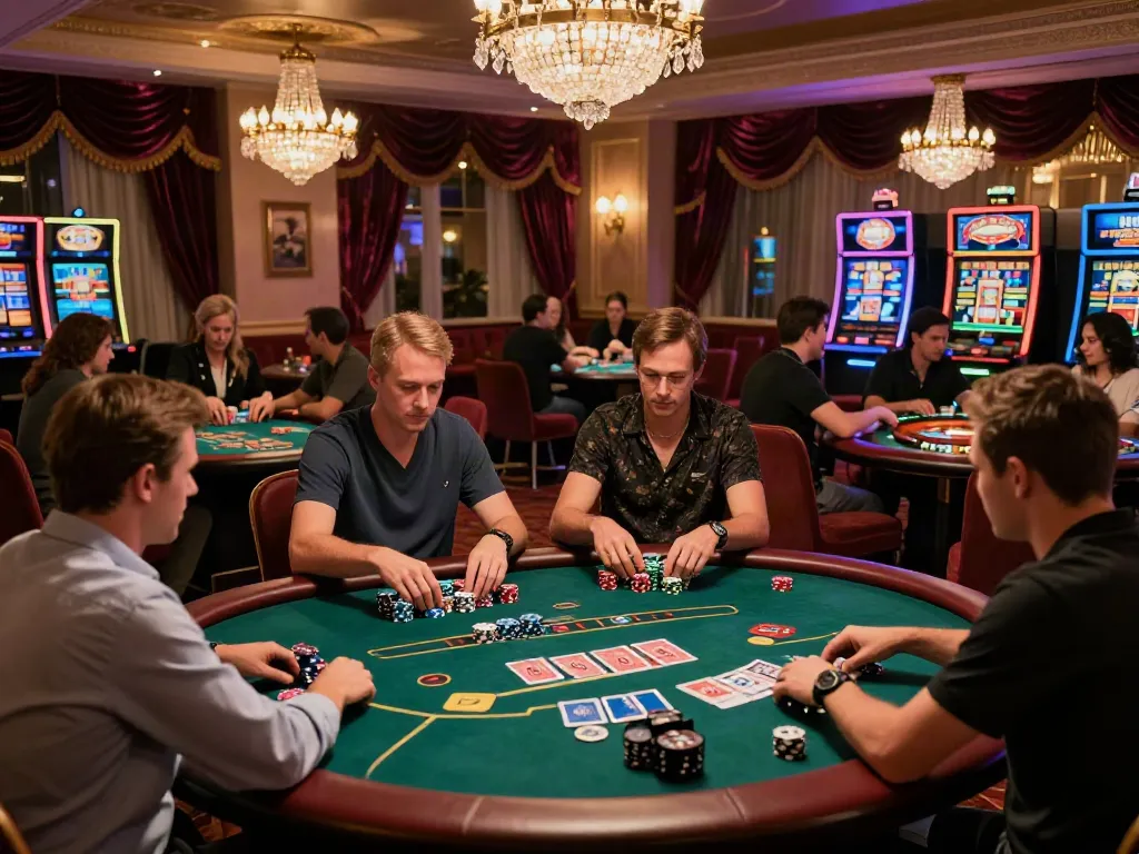 Bandar Togel di ruang perjudian mewah dengan permainan poker, meja rolet, dan mesin slot yang elegan.