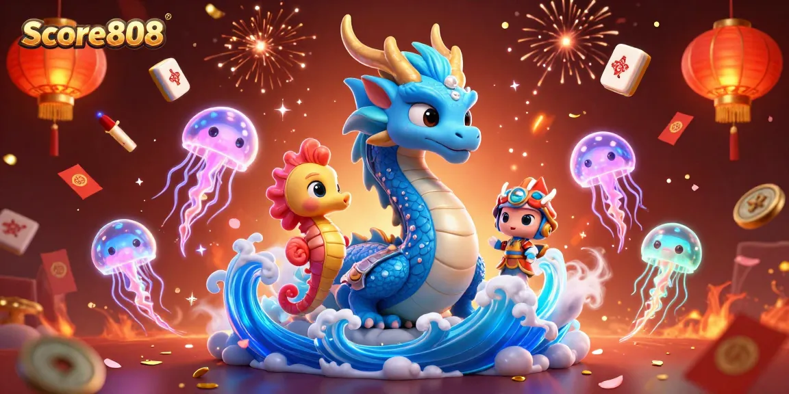 Experience a vibrant Score808 scene with a dragon, seahorse knight, and jellyfish amid casino-themed elements.