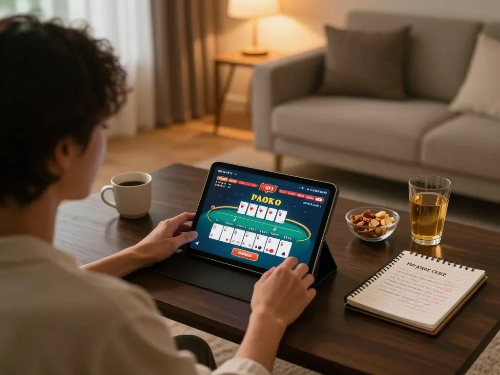 Engaging online gameplay at https://123win.click/ with a cozy home setup, showcasing poker strategies and comfort.