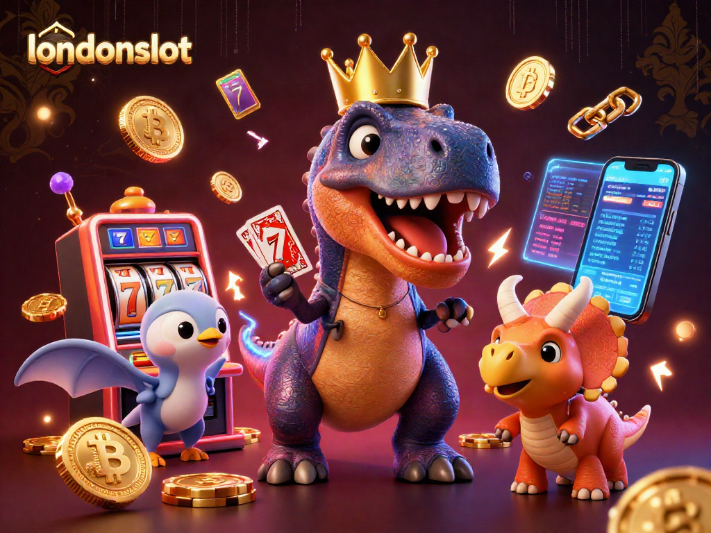 Play at londonslot with friendly T-Rex, triceratops, and pterodactyl in a vibrant casino scene.