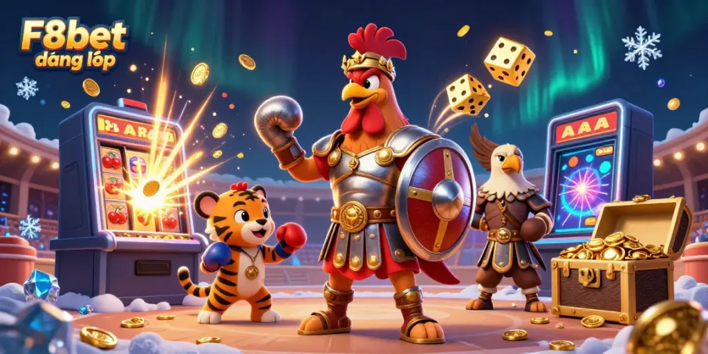 Engage in thrilling F8bet đăng nhập casino adventures with a vivid 3D illustration featuring catchy game elements.