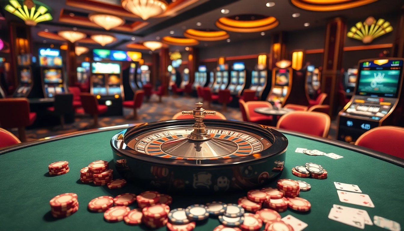 Engaging casino gaming scene featuring gilajp, showcasing poker chips, cards, and a roulette wheel.