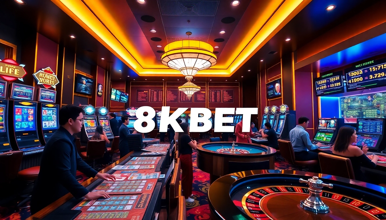 Engaging scene showcasing players at the 8KBET online casino, featuring various games and a modern design.