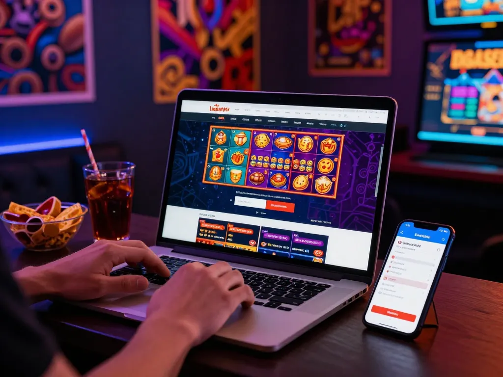 User engaged with ligasedayu login on laptop in vibrant gaming setting