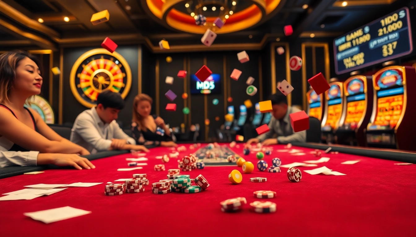 A high-stakes Tài Xỉu MD5 game table featuring lively players, colorful dice, and betting slips in an elegant casino atmosphere.
