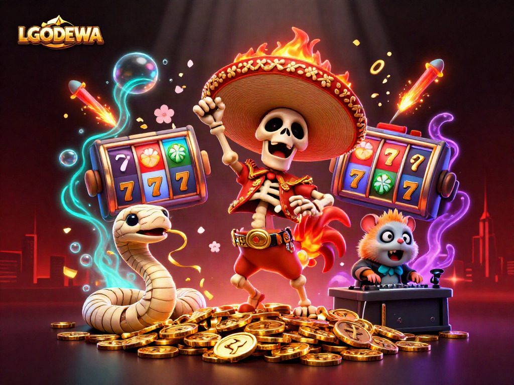 Celebrate winnings with LGODEWA as a skeleton rooster dances on coins amidst vibrant casino elements.