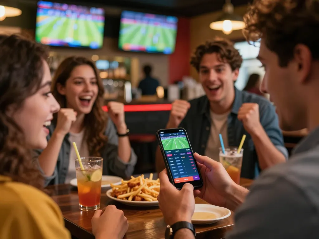 Excited sports bettor placing bets on Net88 app at a lively bar during a game.