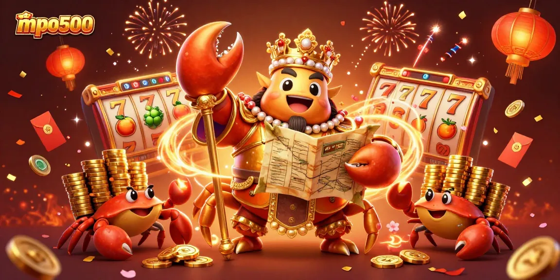 Mengambil hadiah pada mpo500 dengan permainan slot, ditampilkan bersama kepiting emas dan koin keberuntungan.