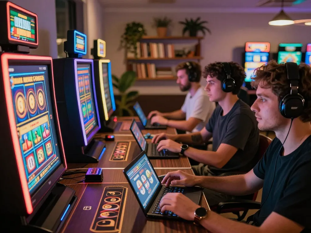 Engaged players on 888new com enjoying digital slot machines at home, showcasing strategic gaming.