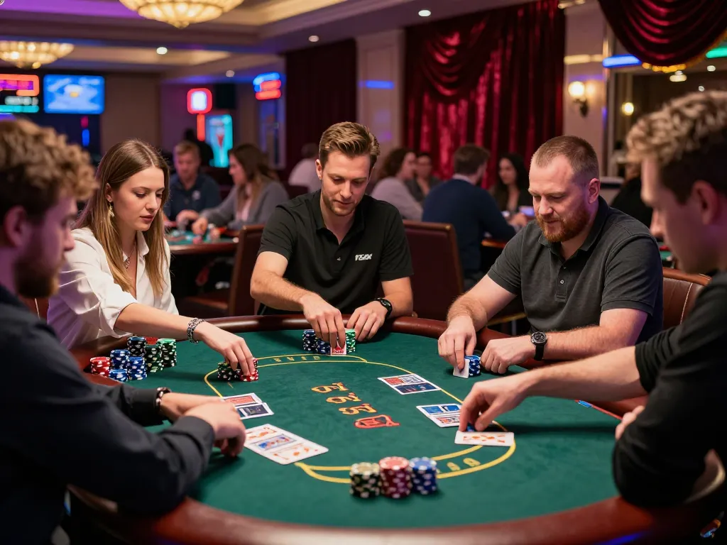 Players strategizing in a thrilling poker game at Rajabet123 casino, chips and cards in action
