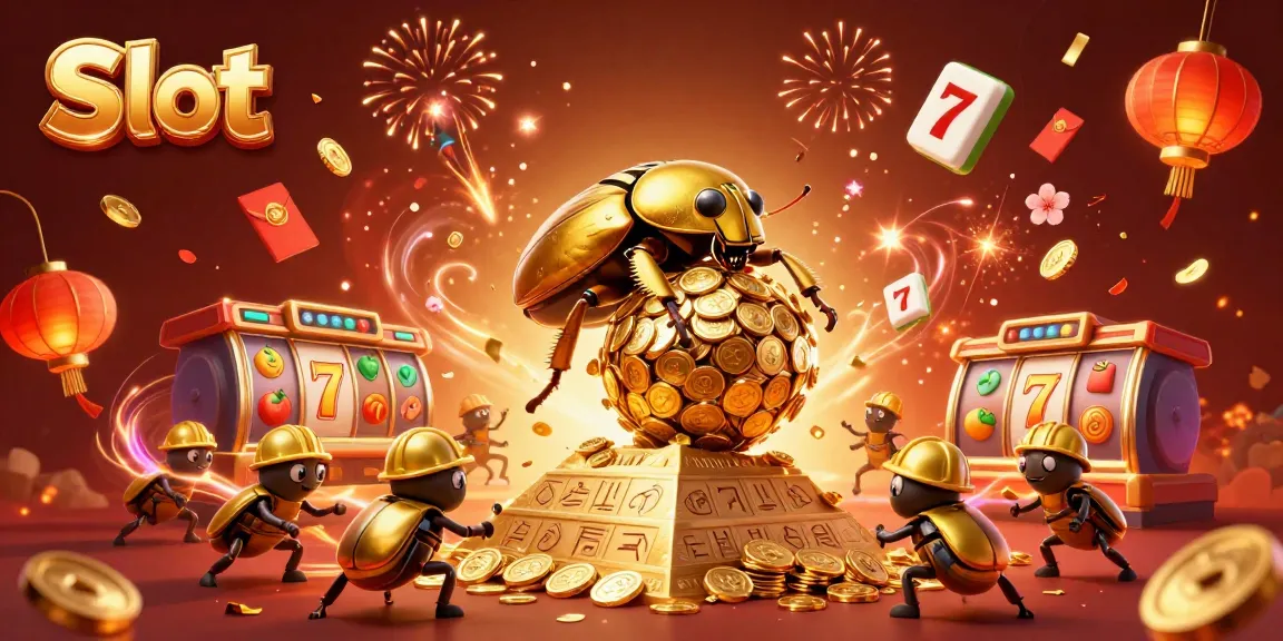 Slot menampilkan kumbang emas raksasa dan simbol kasino, merayakan keberuntungan.