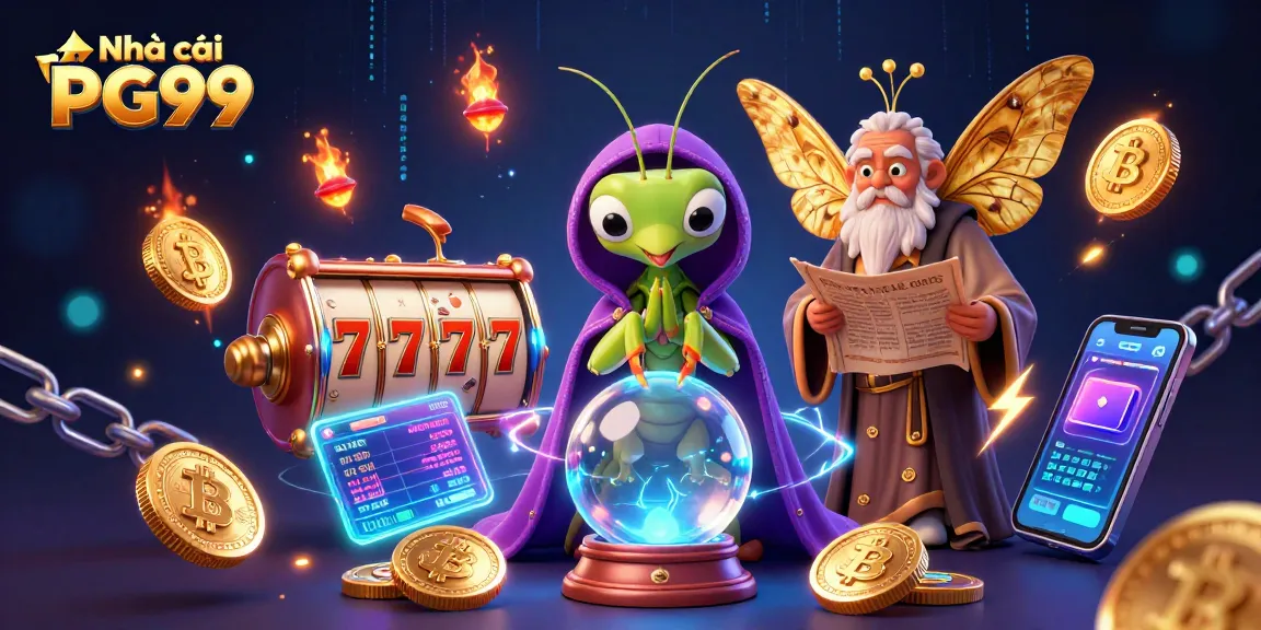 Engage with Nhà cái PG99 in a vibrant 3D casino scene featuring dynamic game elements and mystical characters.