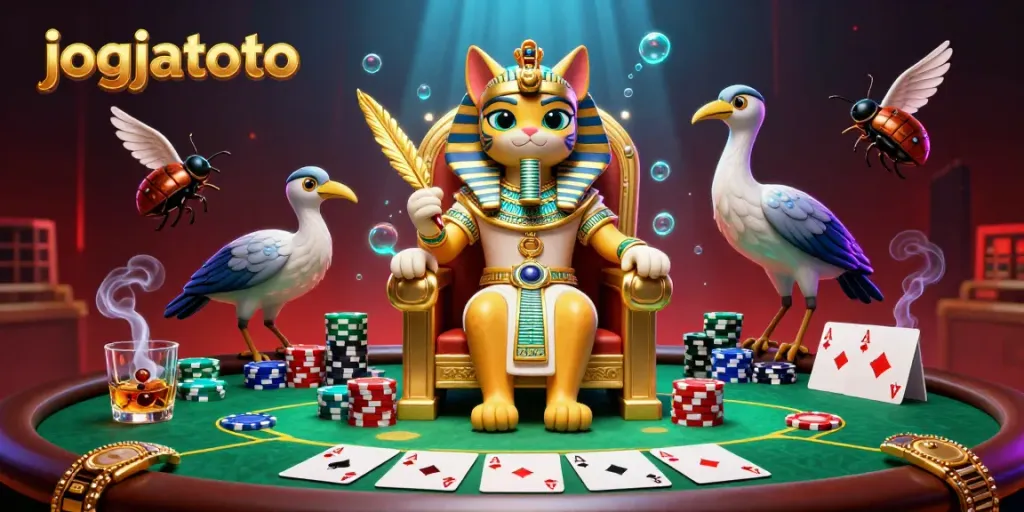Engage in exhilarating gameplay at jogjatoto with a vibrant 3D illustration of a pharaoh cat and poker elements.