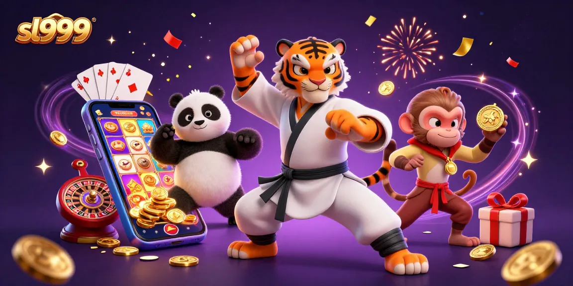 Play slots with sl999 as the kung fu tiger, panda, and monkey character capture winnings.