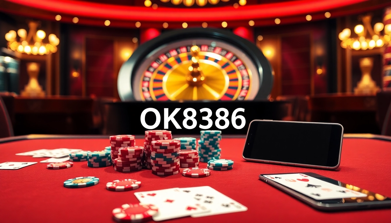 Engaging casino scene featuring OK8386 with vibrant poker chips and a roulette wheel.
