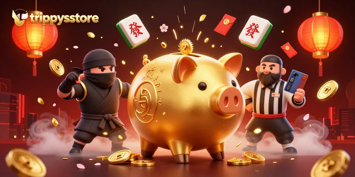Engage with gaming excitement at trippysstore, featuring dynamic casino characters surrounded by vibrant 3D elements.