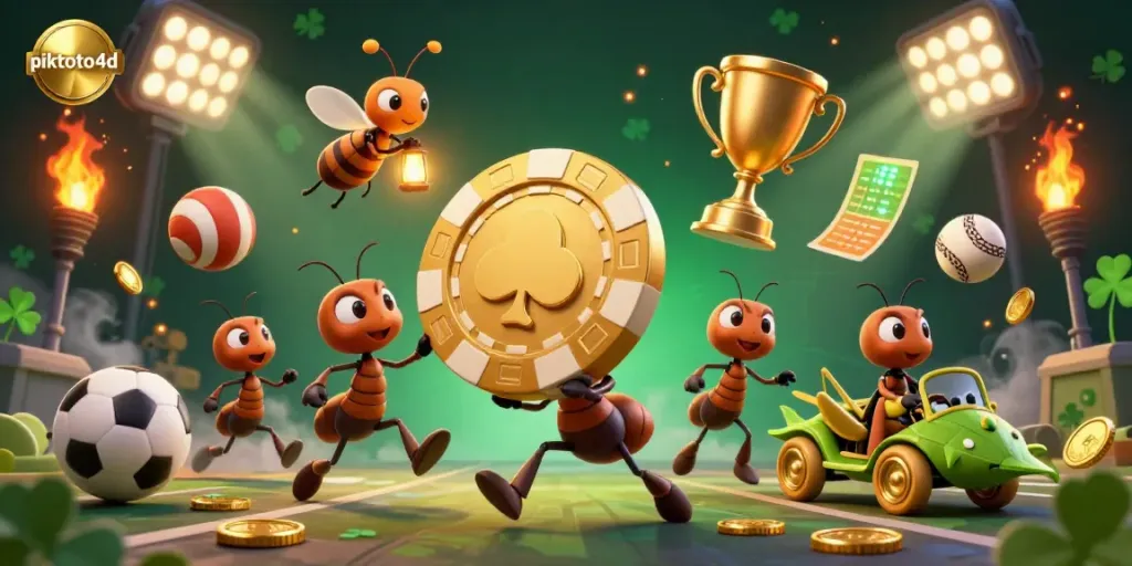 Engage with the exciting heist of ants in piktoto4d, surrounded by dynamic sports elements and a vibrant gaming atmosphere.