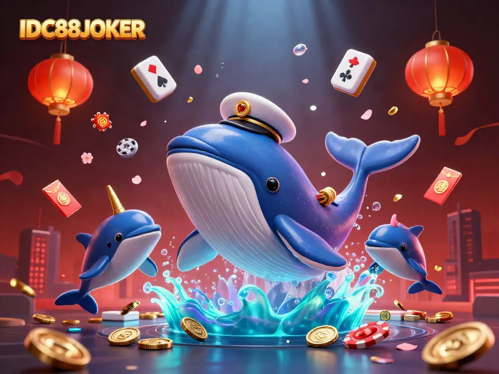 Experience fun gaming moments with IDC88JOKER, featuring a whimsical whale, narwhal, and dolphins amid a vibrant casino scene.