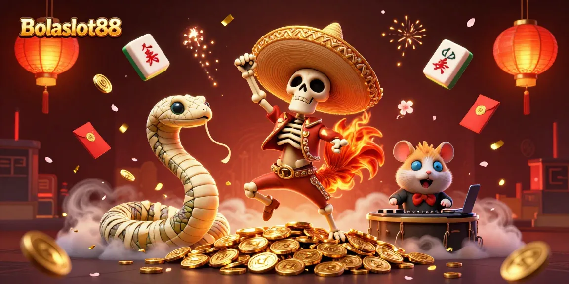 Bolaslot88 showcases a vibrant casino scene with a dancing rooster, a mummy snake, and a DJ hamster amidst festive elements.