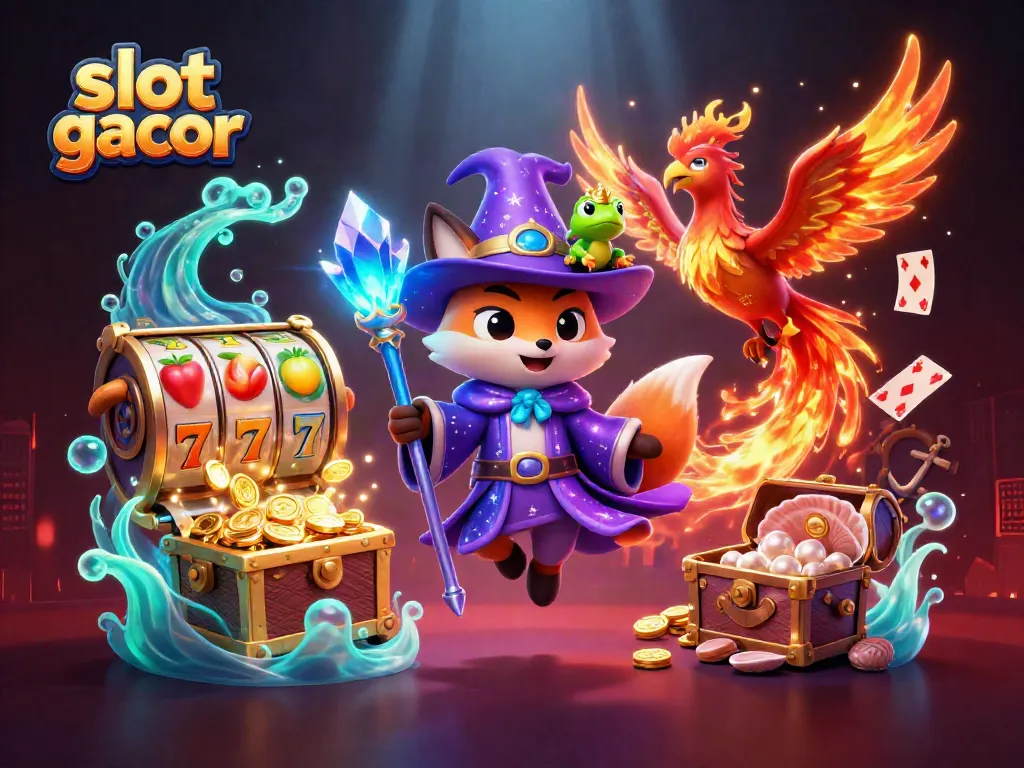 Experience slot gacor's magic with a wizard fox and phoenix amidst spinning slot reels.
