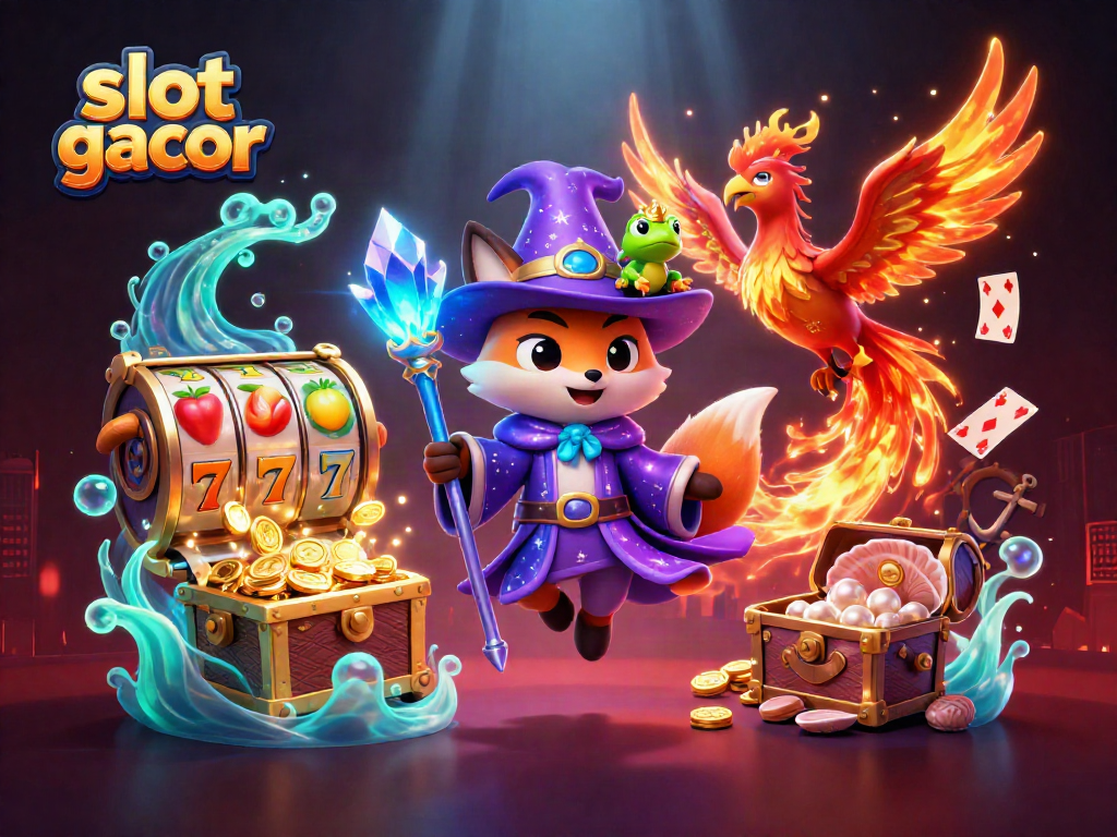 Experience slot gacor's magic with a wizard fox and phoenix amidst spinning slot reels.