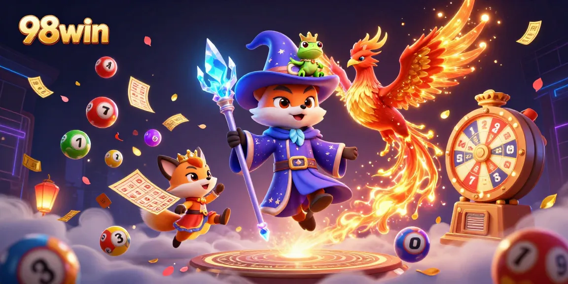 Experience thrilling gameplay with 98win’s vibrant lottery scene featuring colorful balls and magical elements.
