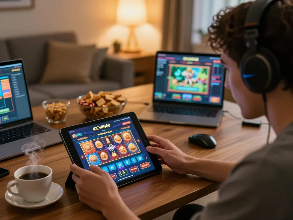 Experience the exciting gameplay of IDCWIN88 while engaging with social slot games on a tablet in a cozy home setting.