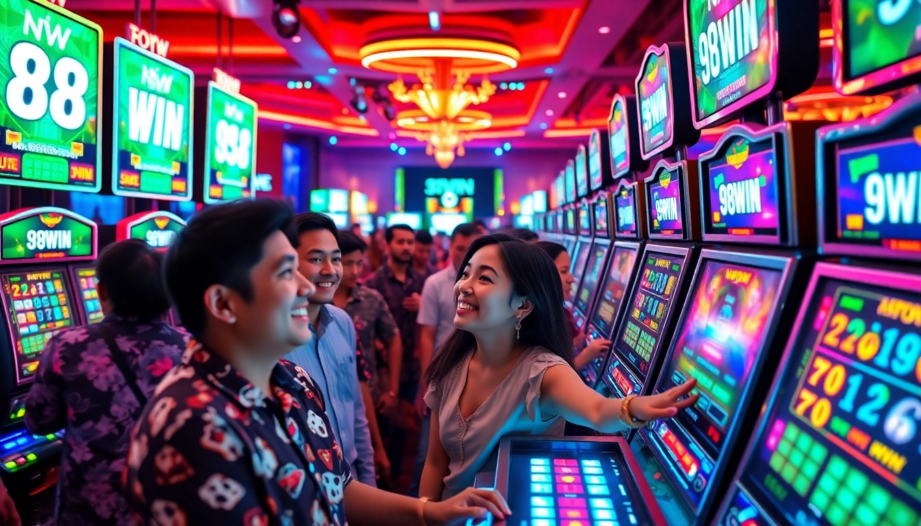 Engaging image of players enjoying the excitement of 98WIN slot machines in a vibrant casino environment.