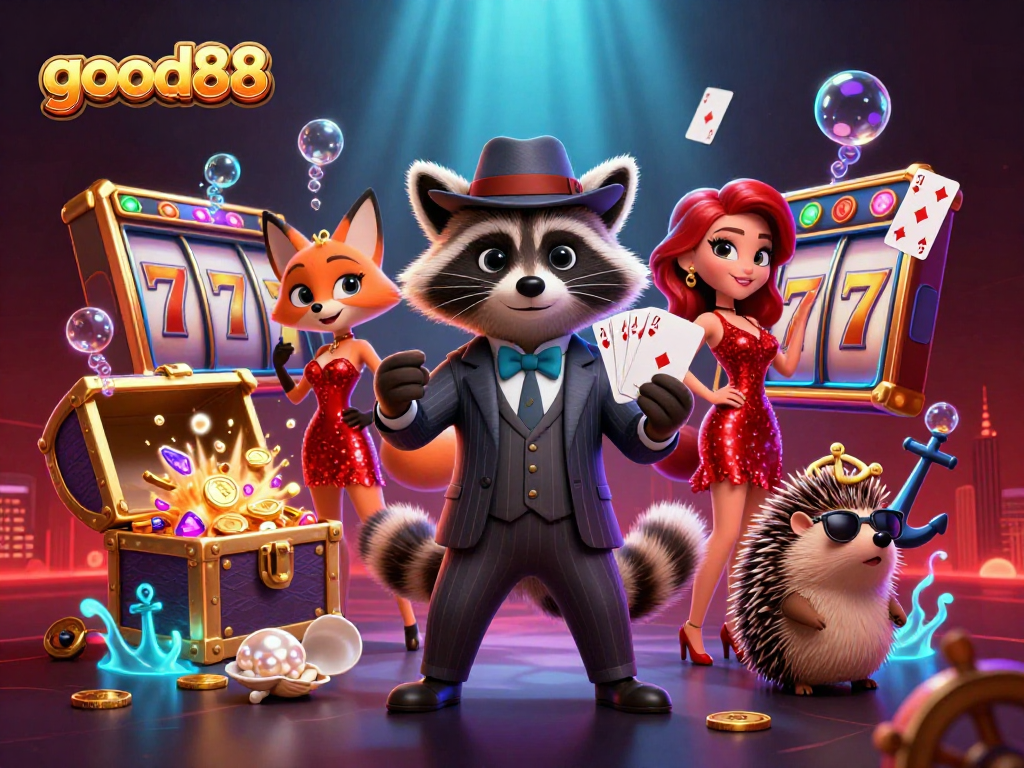 Experience the thrill of slots with good88 amidst dazzling casino characters and vibrant treasures.
