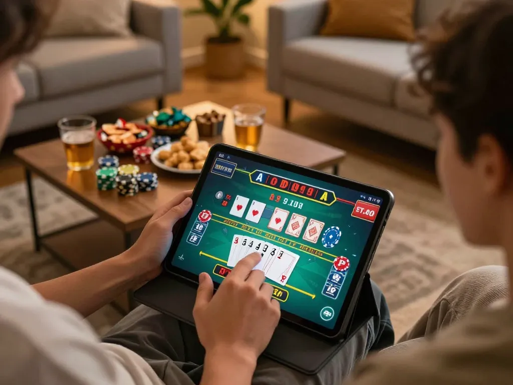 Exciting online gaming experience at trang chủ vmax with a player engaged in baccarat action on a tablet.