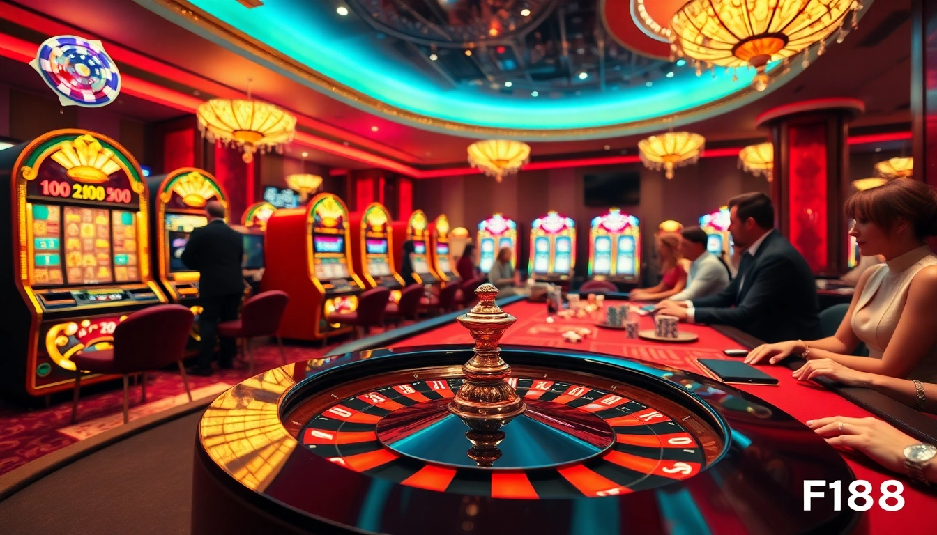 Experience the thrilling atmosphere of F168 with vibrant casino games and players at the table.