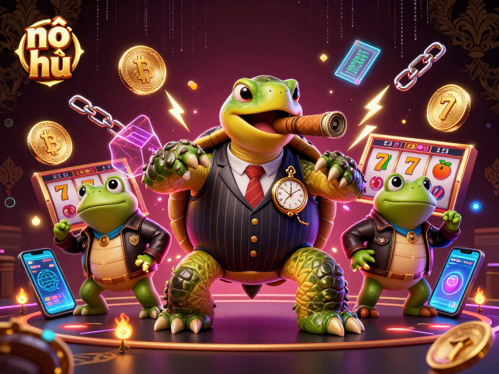 Spin the nổ hũ slot reels with fortune, featuring energetic turtle and frogs in a vibrant casino scene.