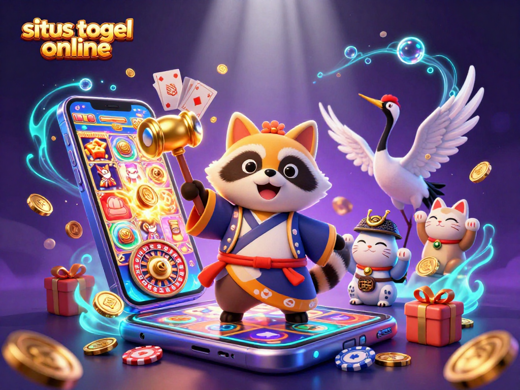 Merayakan situs togel online dengan tanuki, crane, dan kucing keberuntungan dalam ilustrasi kasino yang ceria.