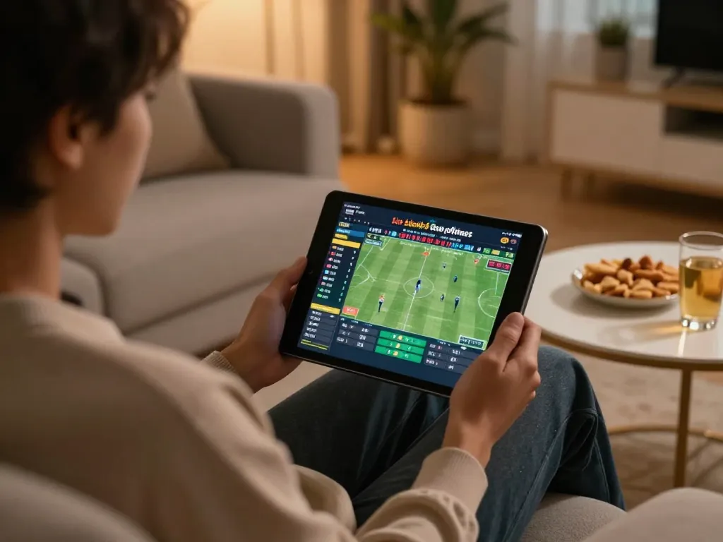 Engaging sports betting experience using the kèo nhà cái platform on a tablet in a cozy home setting.