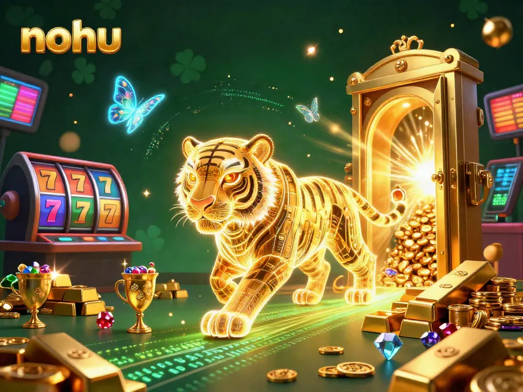 Spin and win at NOHU with vibrant slots and a dazzling golden tiger in a dynamic casino.