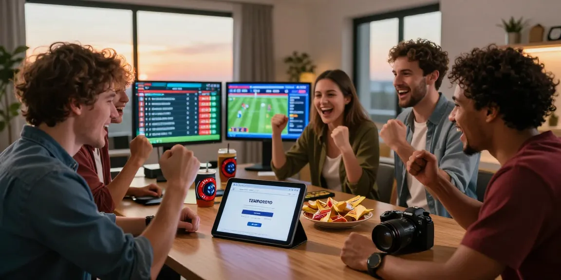 Excited friends celebrating sports wins while using tempototo login on a digital tablet, with sports memorabilia and live odds visible in a cozy setting.