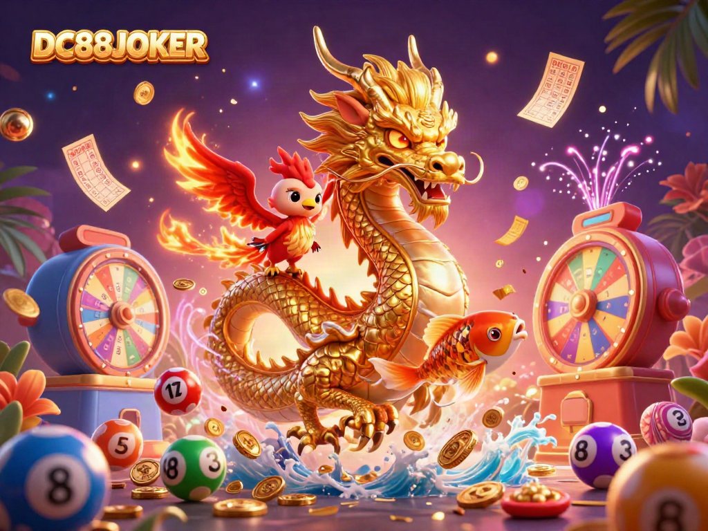 Experience the dynamic excitement of lottery gaming with DC88JOKER's vibrant scene featuring mythical characters and vibrant game elements.