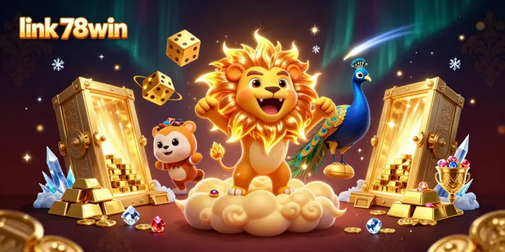 Experience excitement with link 78win as a golden lion roars amidst riches, embodying casino thrill.