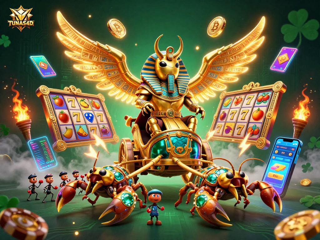 TUNAS4D features vibrant slot reels and a dynamic scene with a golden scarab beetle and scorpions.