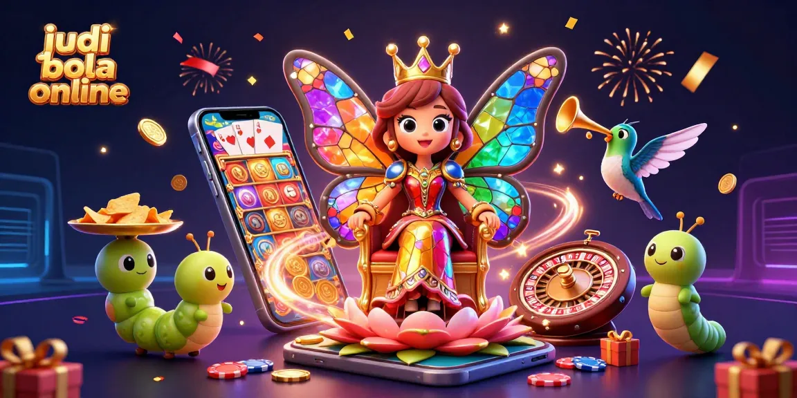 Engage with judi bola online in a vibrant casino scene featuring a butterfly queen and game elements.