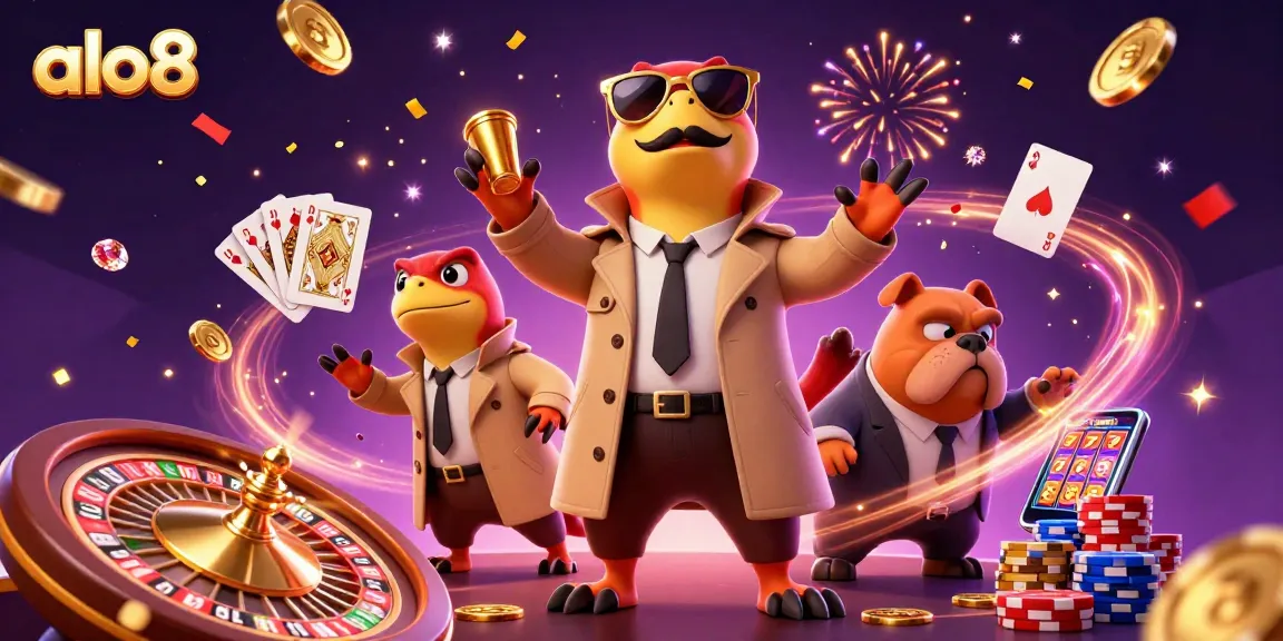 Play slots and win with alo8 in a vibrant 3D casino illustration featuring raptors and coins.