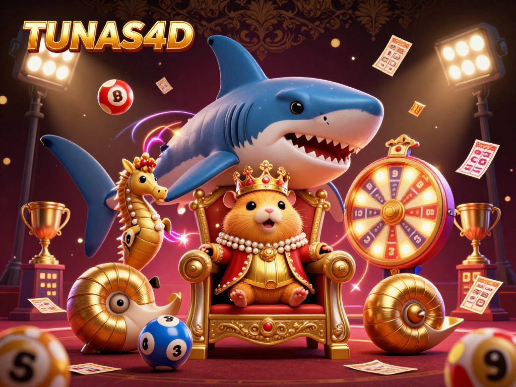 TUNAS4D enhances lottery excitement with a hamster king on a megalodon throne amidst flying lottery balls and sparkling elements.
