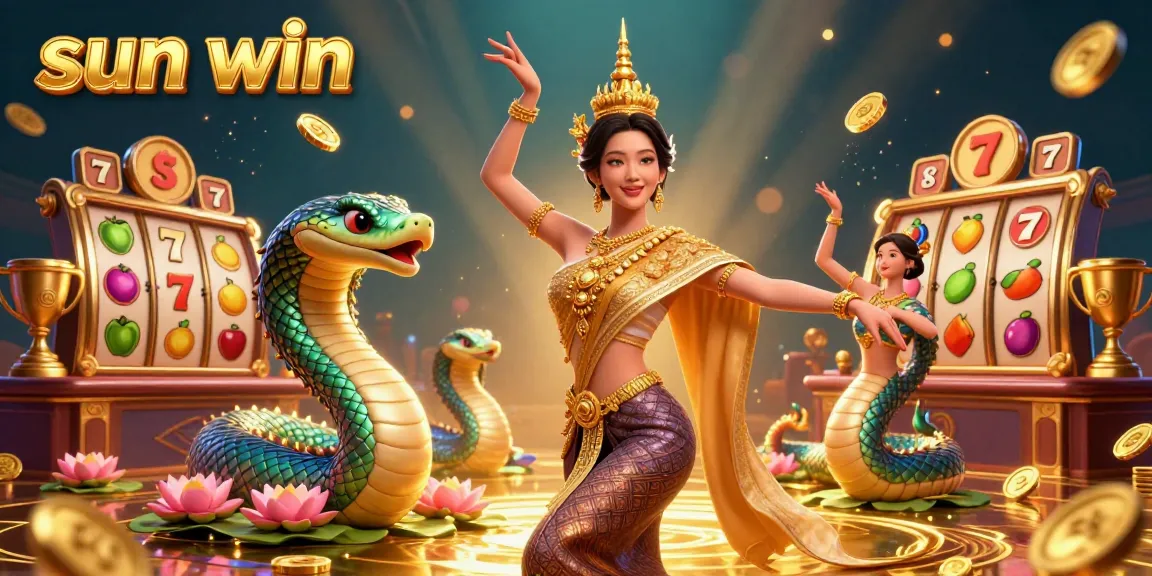 Win at sun win with vibrant casino action featuring a Thai dancer, Naga serpent, and dynamic slots.