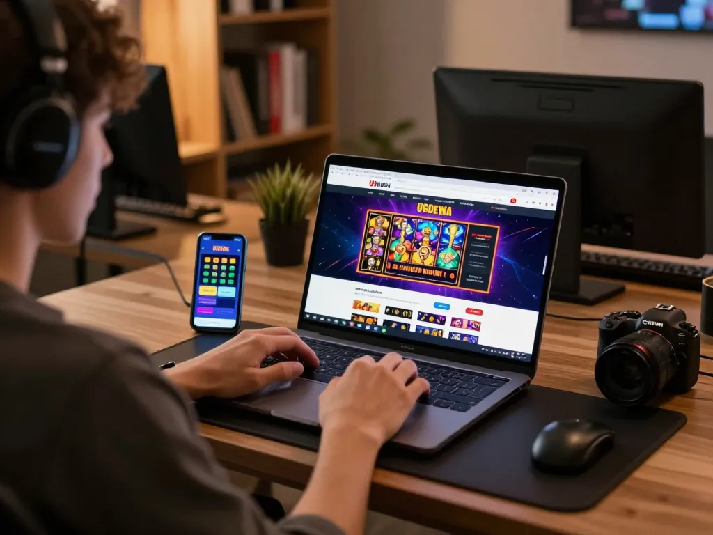 Player engaged in online slot gaming with UGDEWA on their laptop, showcasing a modern gaming setup.