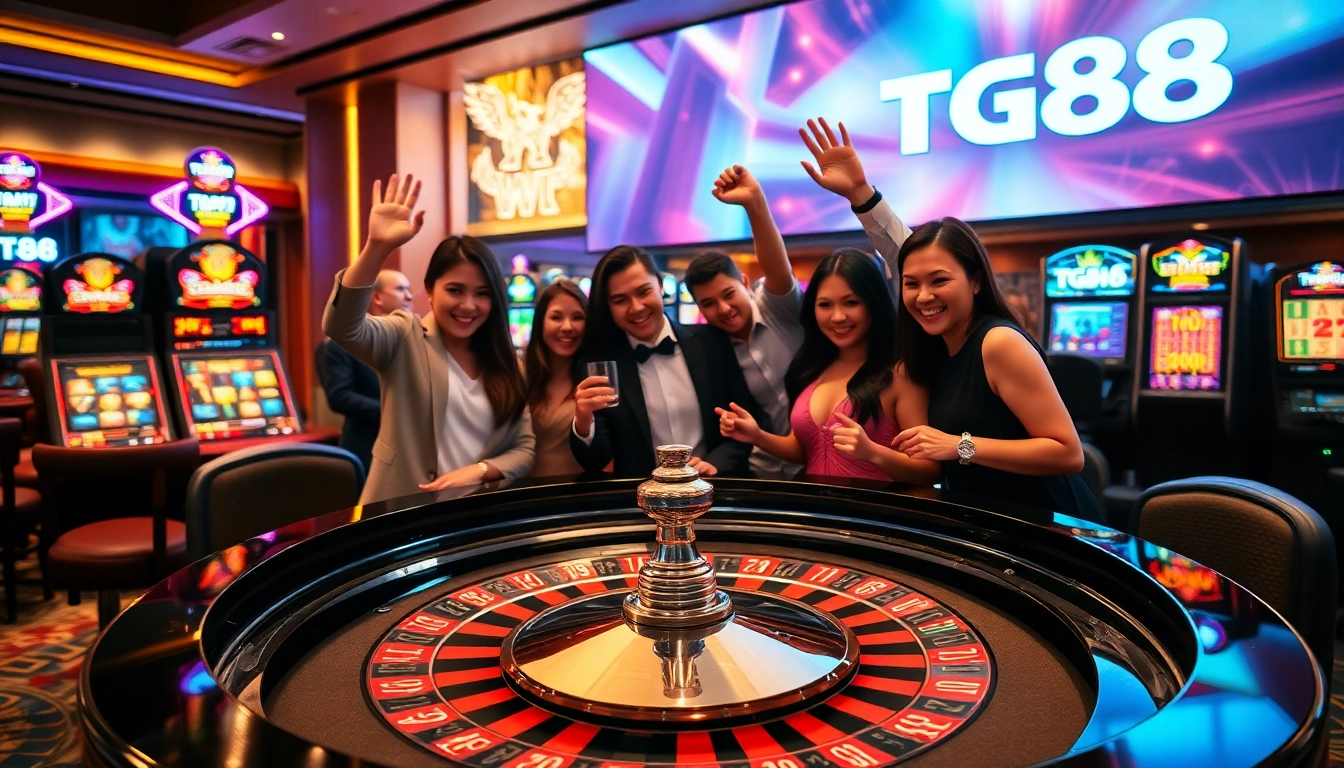 Players enjoying the excitement of betting at a TG88 casino table with vibrant slot machines.