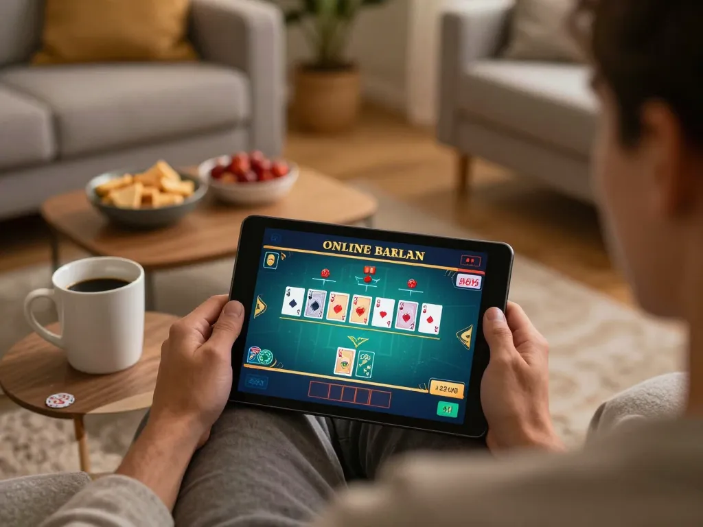 Engaging in online casino games on ck444s.net, showcasing tablet gameplay and cozy home setting