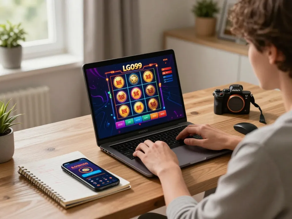 LGO99 online gaming setup with a player enjoying a colorful slot game interface while managing bets.