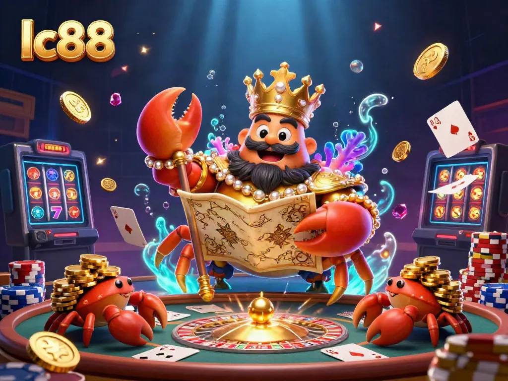 Experience exhilarating gaming moments at lc88 with a vibrant casino scene featuring a golden crab emperor amidst rich treasures.