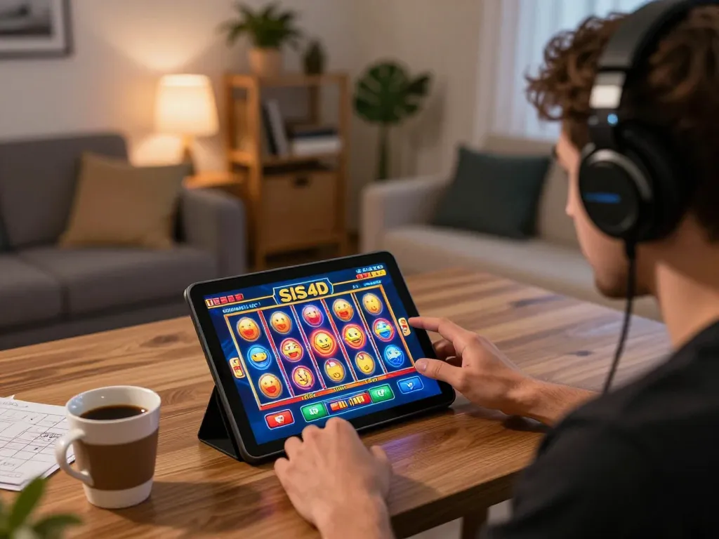 SIS4D player engaging with online slot game on tablet, showcasing vibrant graphics and cozy home atmosphere.